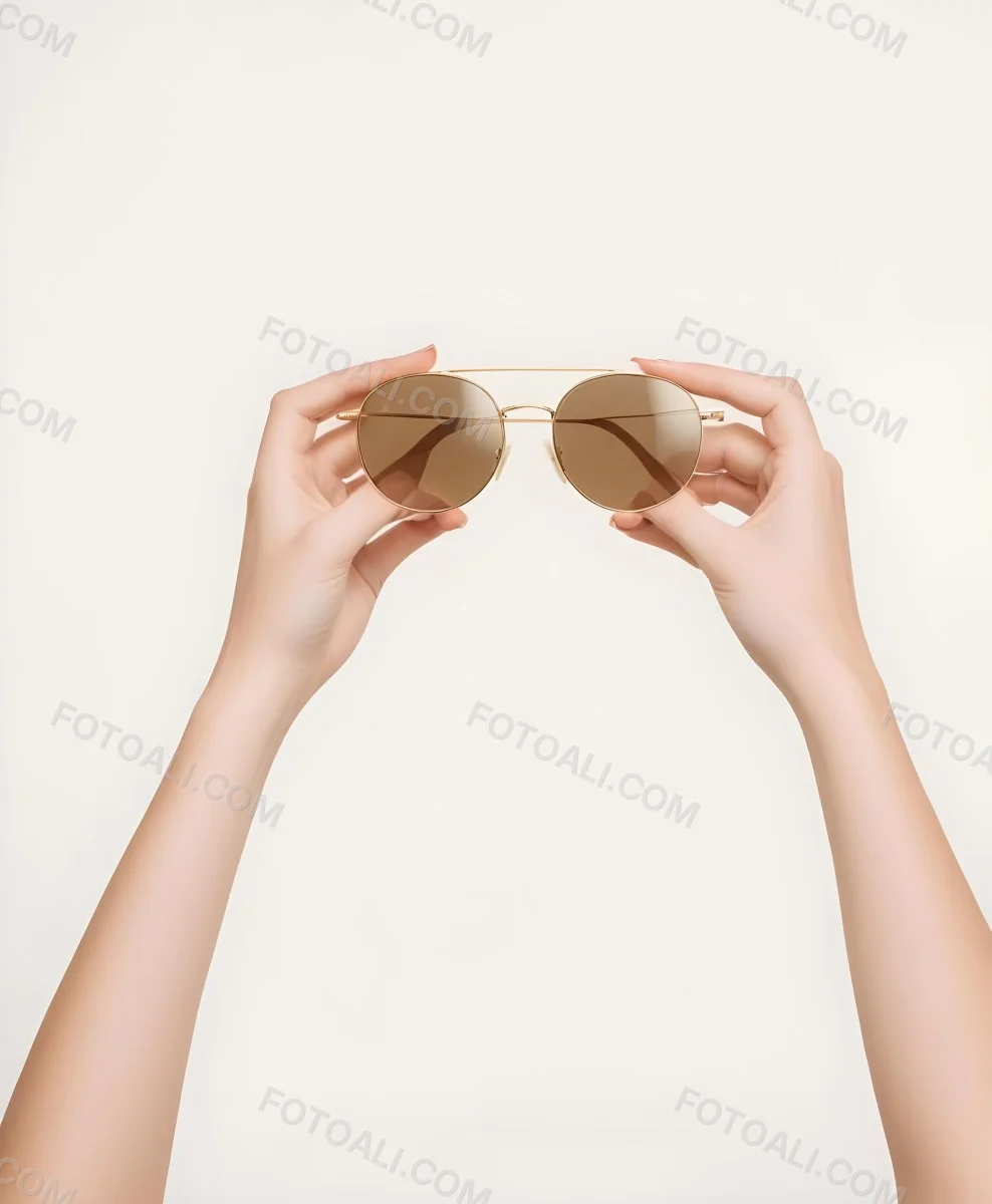 A Woman S Hands Holding A Pair Of Gold Framed Sunglasses Against A Plain White Background 10 1a5d