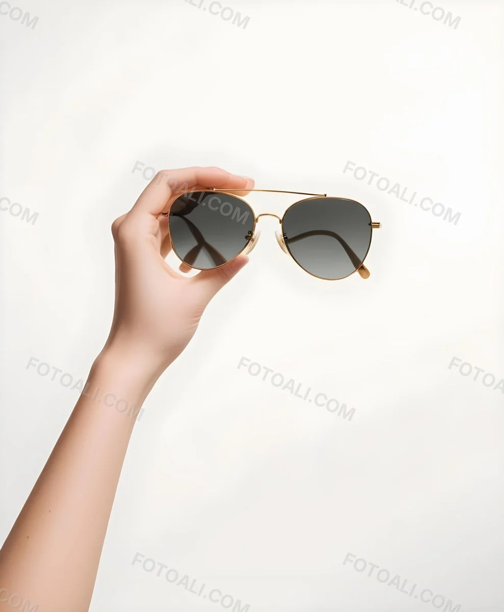A Woman S Hands Holding A Pair Of Gold Framed Sunglasses Against A Plain White Background 11 D805