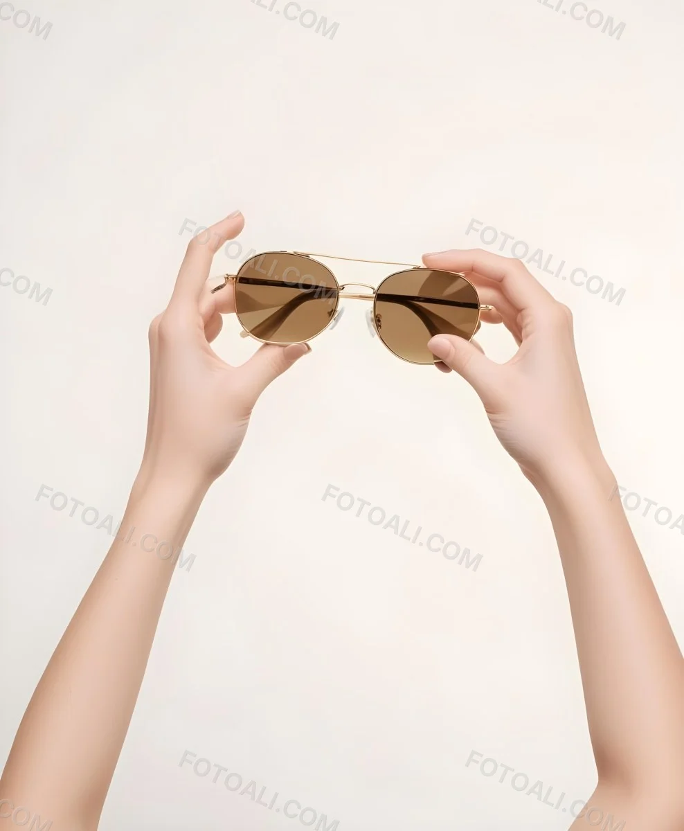 A Woman S Hands Holding A Pair Of Gold Framed Sunglasses Against A Plain White Background 4 7a8d