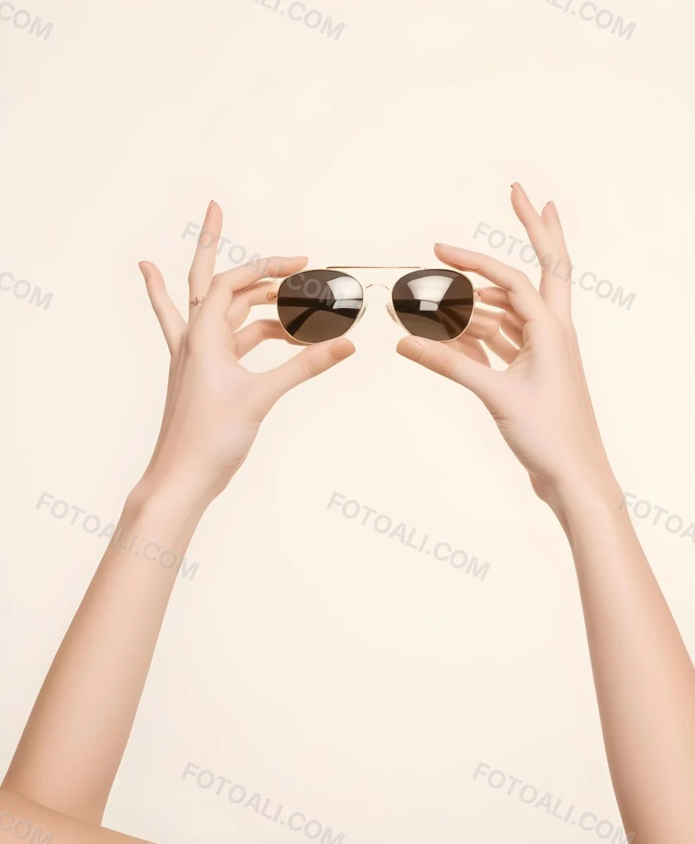 A Woman S Hands Holding A Pair Of Gold Framed Sunglasses Against A Plain White Background 5 05a6