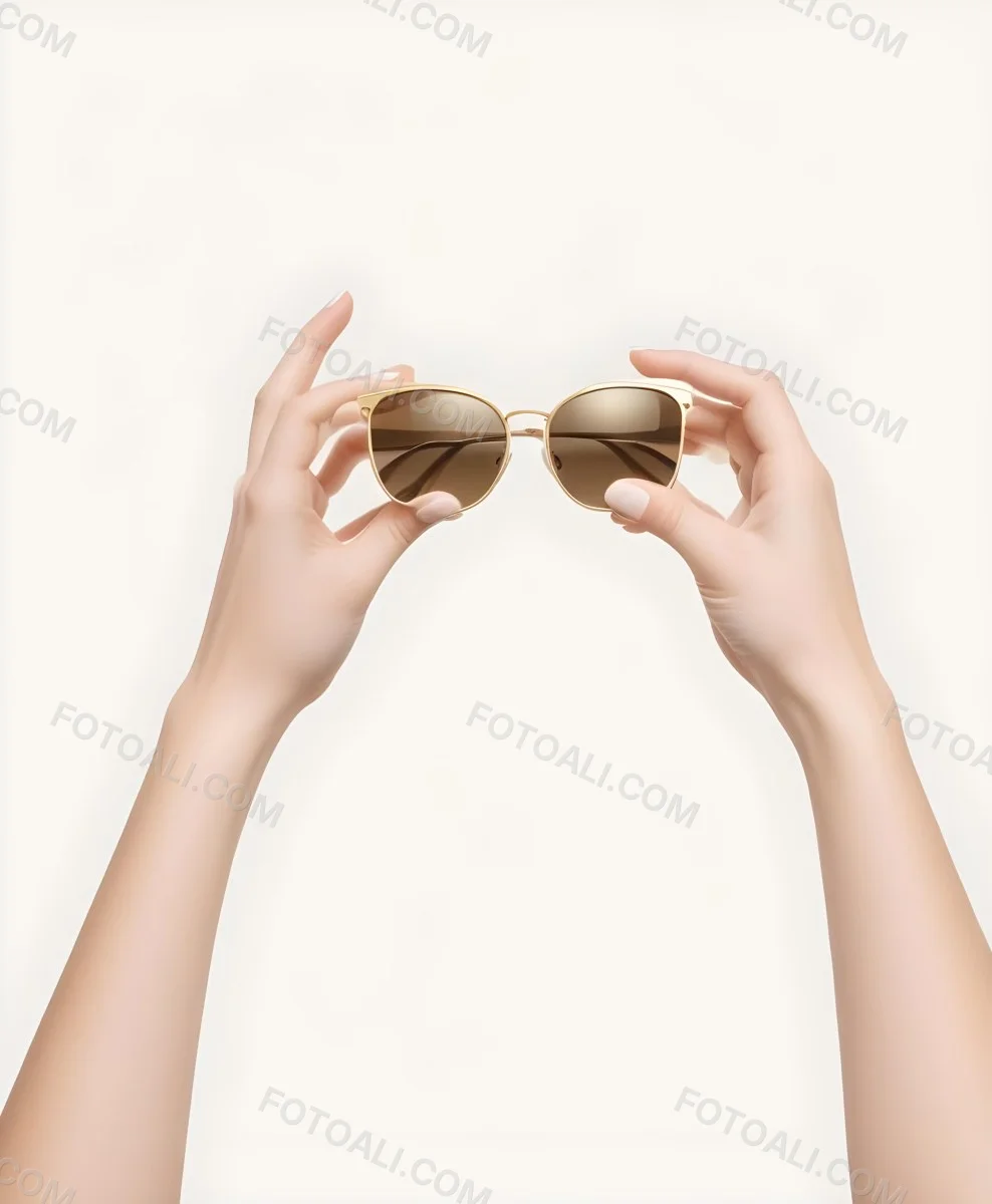 A Woman S Hands Holding A Pair Of Gold Framed Sunglasses Against A Plain White Background 6 74d5