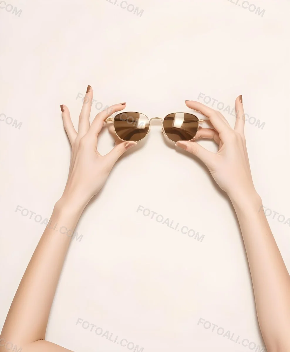 A Woman S Hands Holding A Pair Of Gold Framed Sunglasses Against A Plain White Background 7 B705