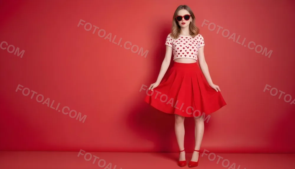 A Woman With Fair Skin And 25 Years Old Wearing Red Shoes And A Red Skirt With Hearts And Sunglasses On A Red Background 1 5378