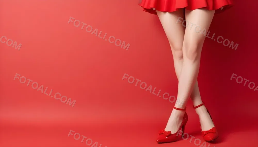 A Woman With Fair Skin And 25 Years Old Wearing Red Shoes And A Red Skirt With Hearts And Sunglasses On A Red Background 2 7d9e