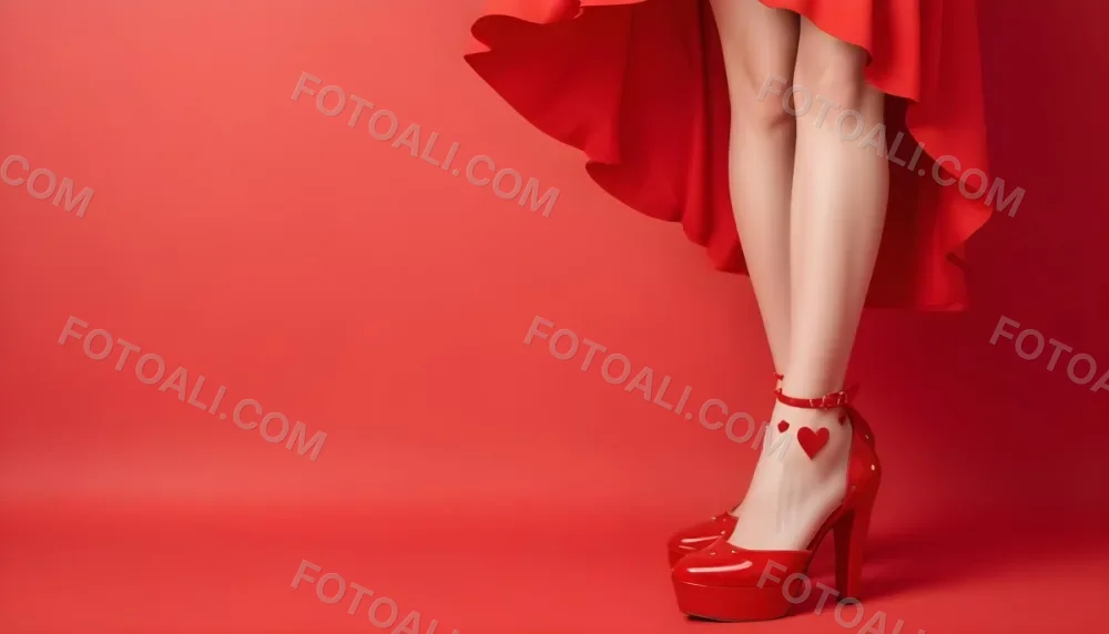 A Woman With Fair Skin And 25 Years Old Wearing Red Shoes And A Red Skirt With Hearts And Sunglasses On A Red Background 3 1f90