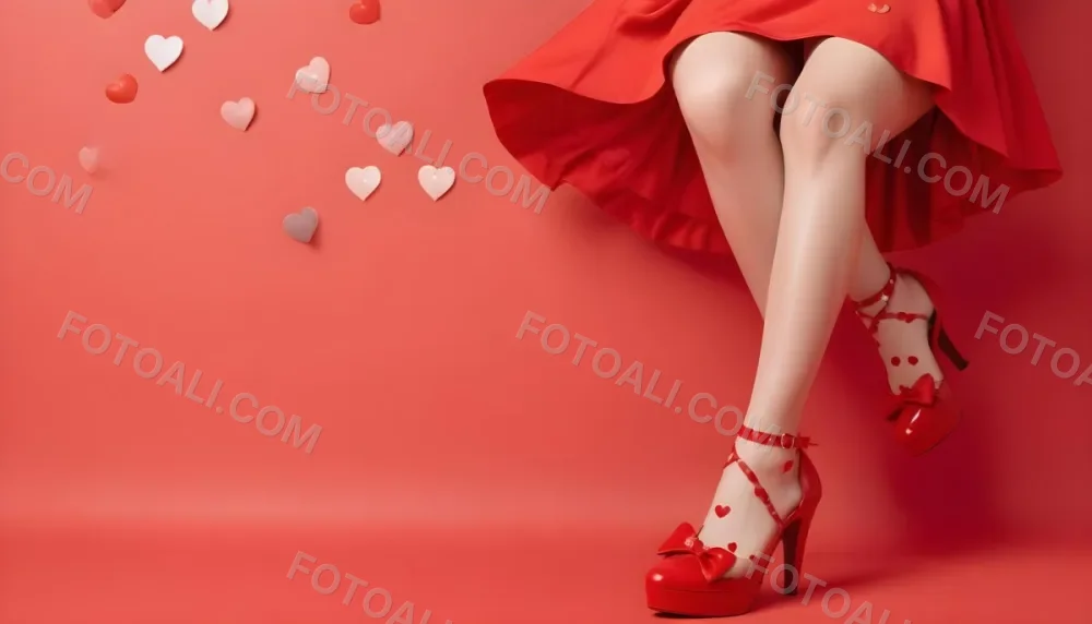 A Woman With Fair Skin And 25 Years Old Wearing Red Shoes And A Red Skirt With Hearts And Sunglasses On A Red Background 4 D7dc