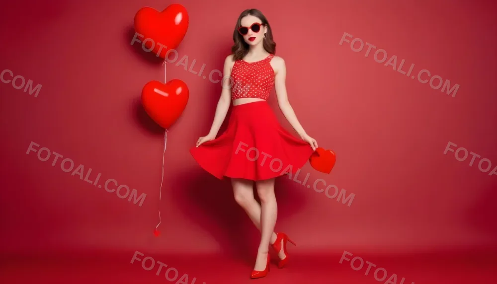 A Woman With Fair Skin And 25 Years Old Wearing Red Shoes And A Red Skirt With Hearts And Sunglasses On A Red Background 5 5bb9