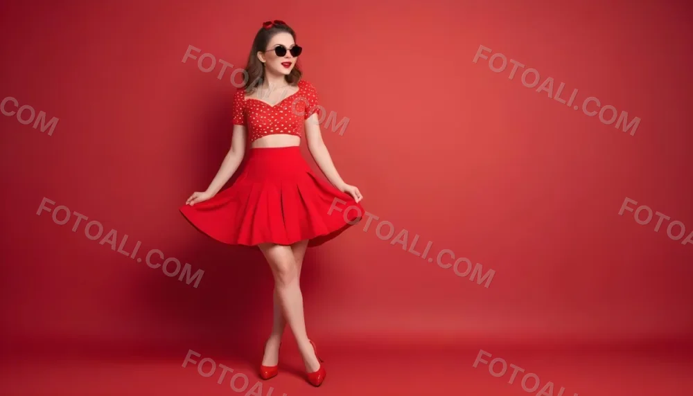 A Woman With Fair Skin And 25 Years Old Wearing Red Shoes And A Red Skirt With Hearts And Sunglasses On A Red Background 7 F522