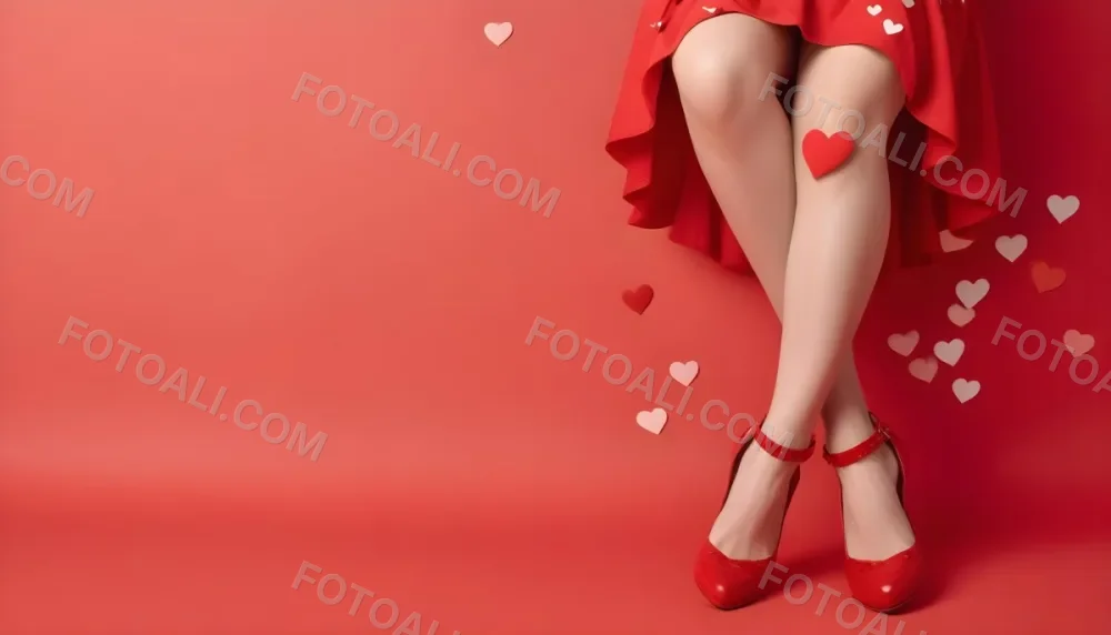 A Woman With Fair Skin And 25 Years Old Wearing Red Shoes And A Red Skirt With Hearts And Sunglasses On A Red Background 8 7db8