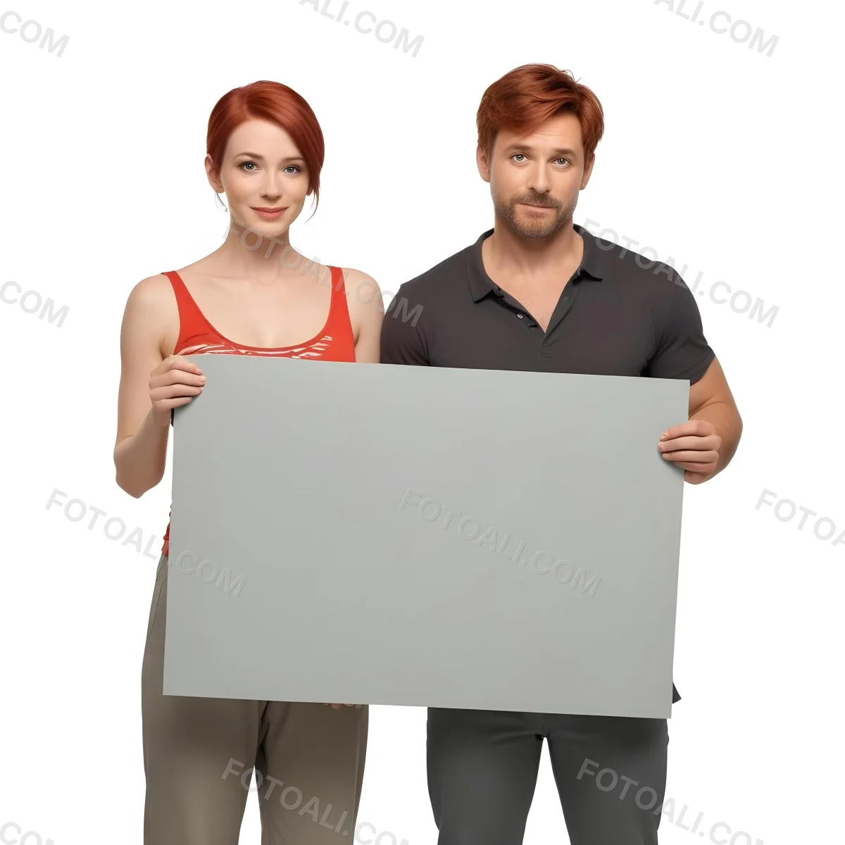 A Woman With Short Red Hair Wearing A Red Tank Top And Gray Pants Stands On The Left A Man With Short Red Hair Wearing A Gray Shirt And White Pants Stands On The Right They Are Both Holding A Large Red Blank Sig 4 B332