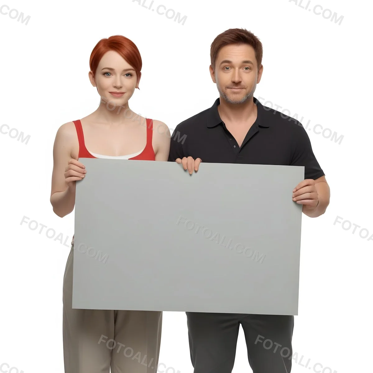 A Woman With Short Red Hair Wearing A Red Tank Top And Gray Pants Stands On The Left A Man With Short Red Hair Wearing A Gray Shirt And White Pants Stands On The Right They Are Both Holding A Large Red Blank Sig 5 5815