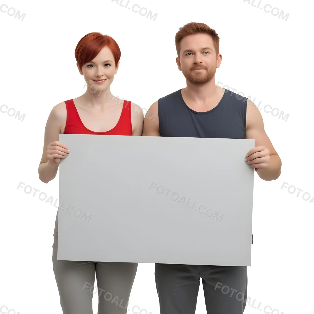 A Woman With Short Red Hair Wearing A Red Tank Top And Gray Pants Stands On The Left A Man With Short Red Hair Wearing A Gray Shirt And White Pants Stands On The Right They Are Both Holding A Large Red Blank Sig 6 Bcb9