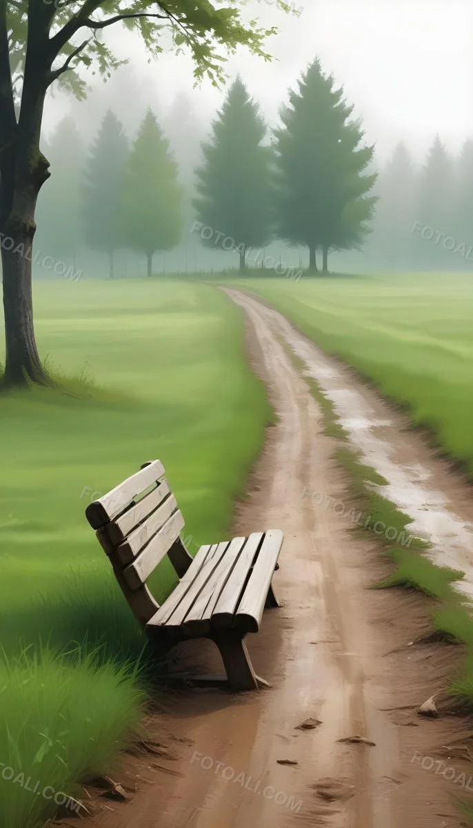 A Wooden Bench On A Green Field Next To A Dirt Road With Trees In The Background On A Foggy Day 10 6fcb