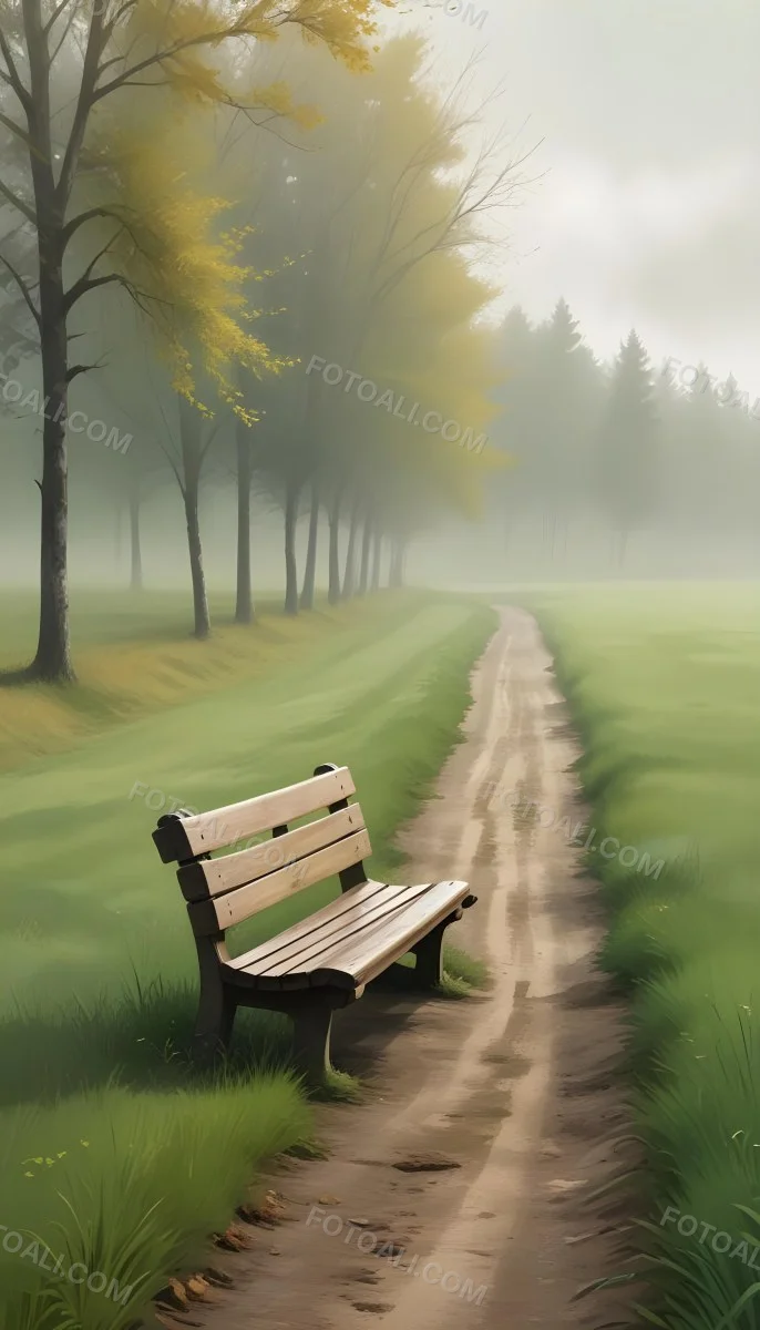 A Wooden Bench On A Green Field Next To A Dirt Road With Trees In The Background On A Foggy Day 11 Fae7