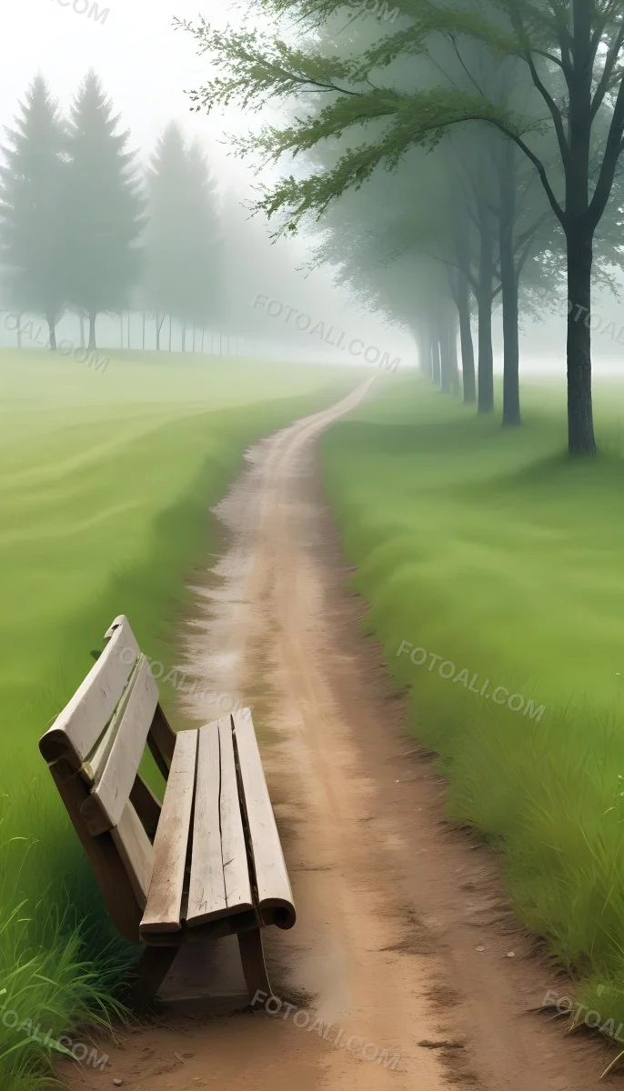 A Wooden Bench On A Green Field Next To A Dirt Road With Trees In The Background On A Foggy Day 15 Ede1