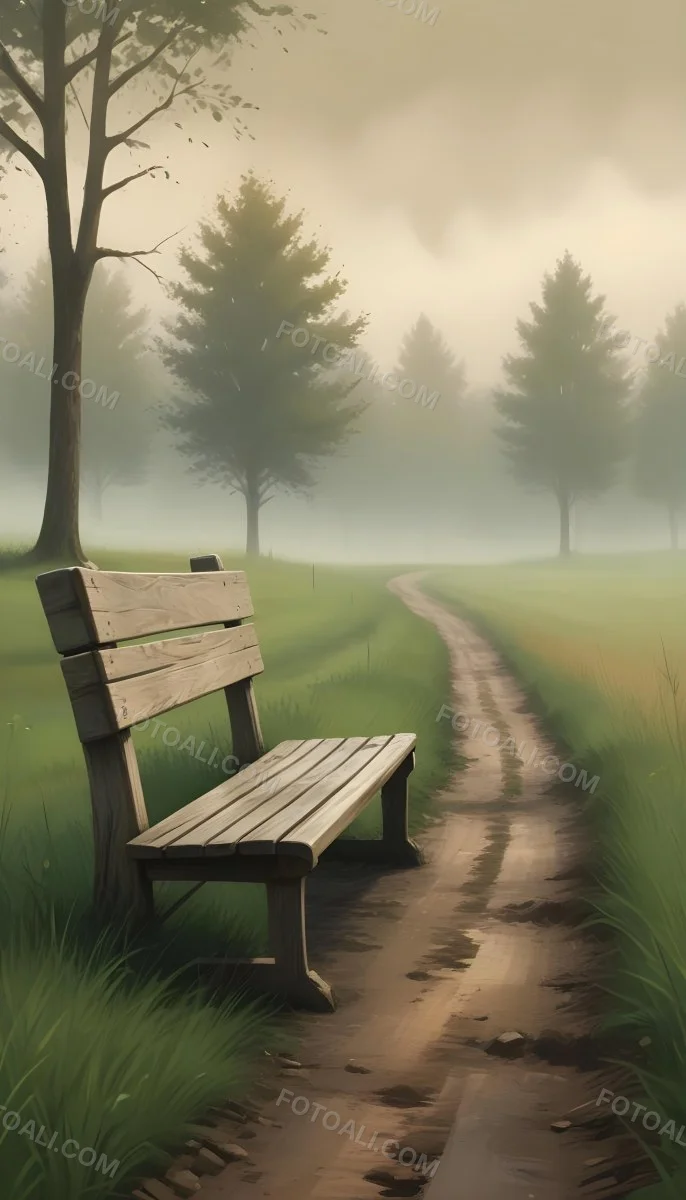 A Wooden Bench On A Green Field Next To A Dirt Road With Trees In The Background On A Foggy Day 2 8841
