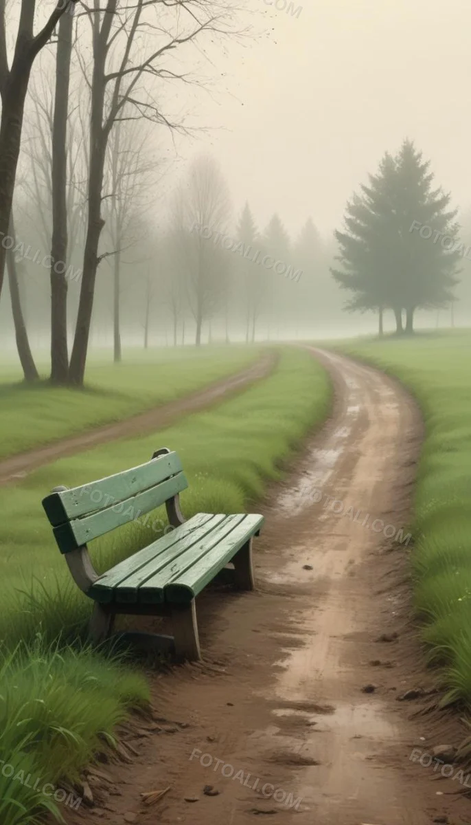 A Wooden Bench On A Green Field Next To A Dirt Road With Trees In The Background On A Foggy Day 20 4e15