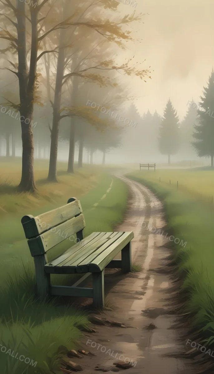 A Wooden Bench On A Green Field Next To A Dirt Road With Trees In The Background On A Foggy Day 29 A009