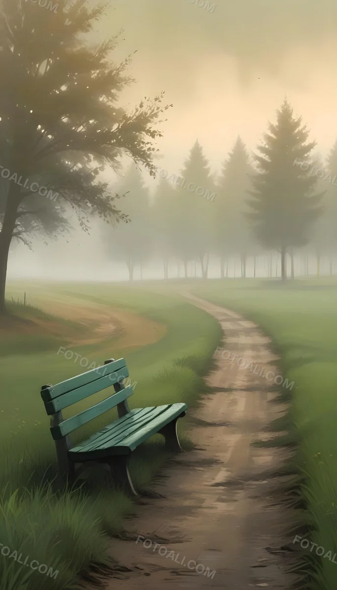 A Wooden Bench On A Green Field Next To A Dirt Road With Trees In The Background On A Foggy Day 30 67e3