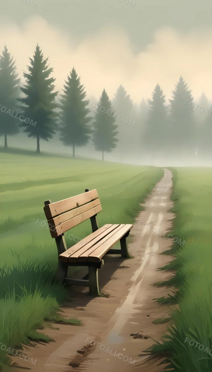 A Wooden Bench On A Green Field Next To A Dirt Road With Trees In The Background On A Foggy Day 32 2458