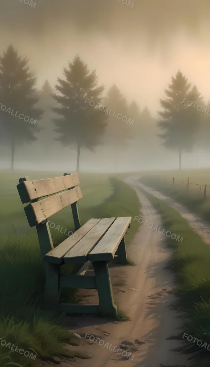 A Wooden Bench On A Green Field Next To A Dirt Road With Trees In The Background On A Foggy Day 34 Bfe6