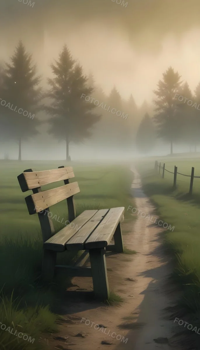 A Wooden Bench On A Green Field Next To A Dirt Road With Trees In The Background On A Foggy Day 4 3469