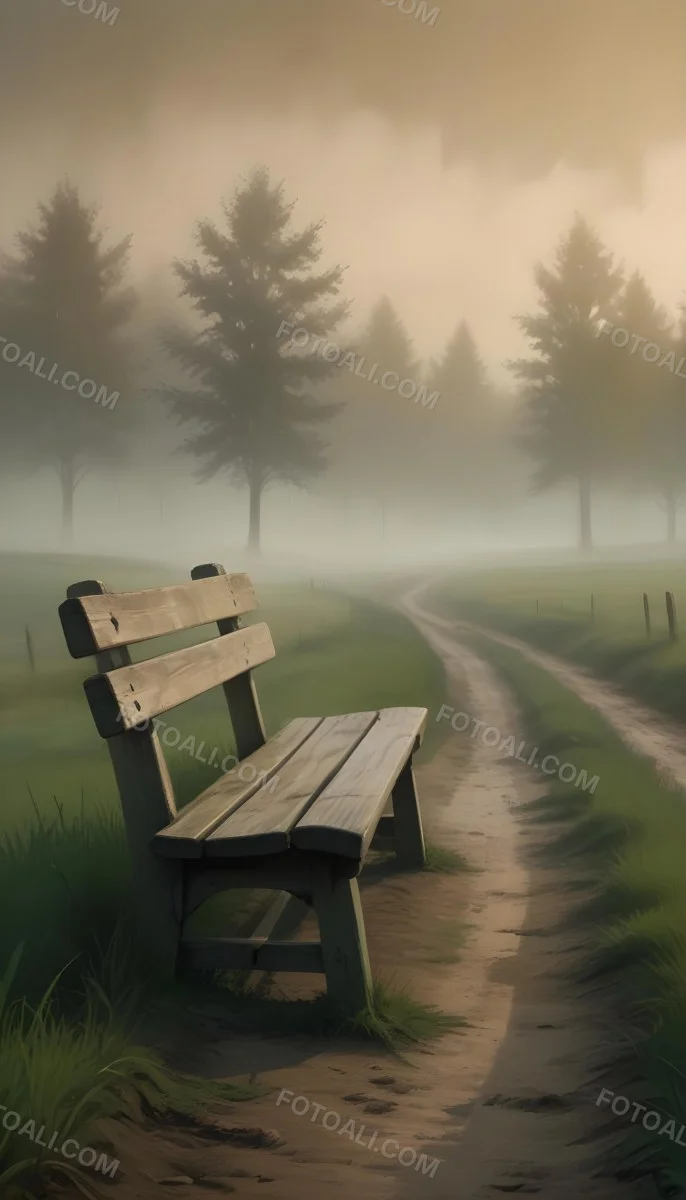 A Wooden Bench On A Green Field Next To A Dirt Road With Trees In The Background On A Foggy Day 5 11a1