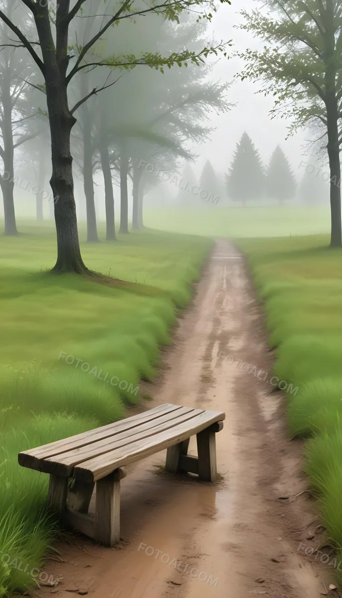A Wooden Bench On A Green Field Next To A Dirt Road With Trees In The Background On A Foggy Day 7 5c8a