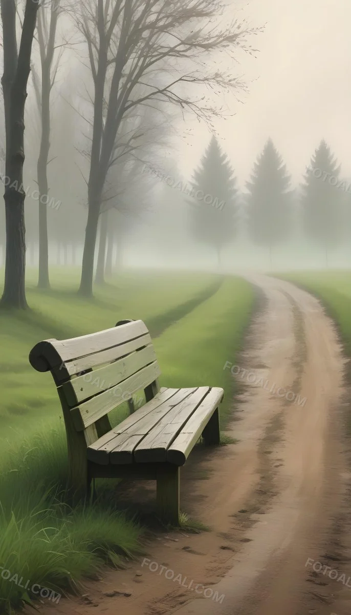 A Wooden Bench On A Green Field Next To A Dirt Road With Trees In The Background On A Foggy Day 9 8633