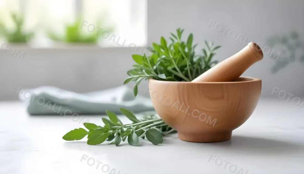 A Wooden Bowl With Fresh Green Herbs Possibly Sage On A Light Background With Blurred Greenery In The Background 1 55db