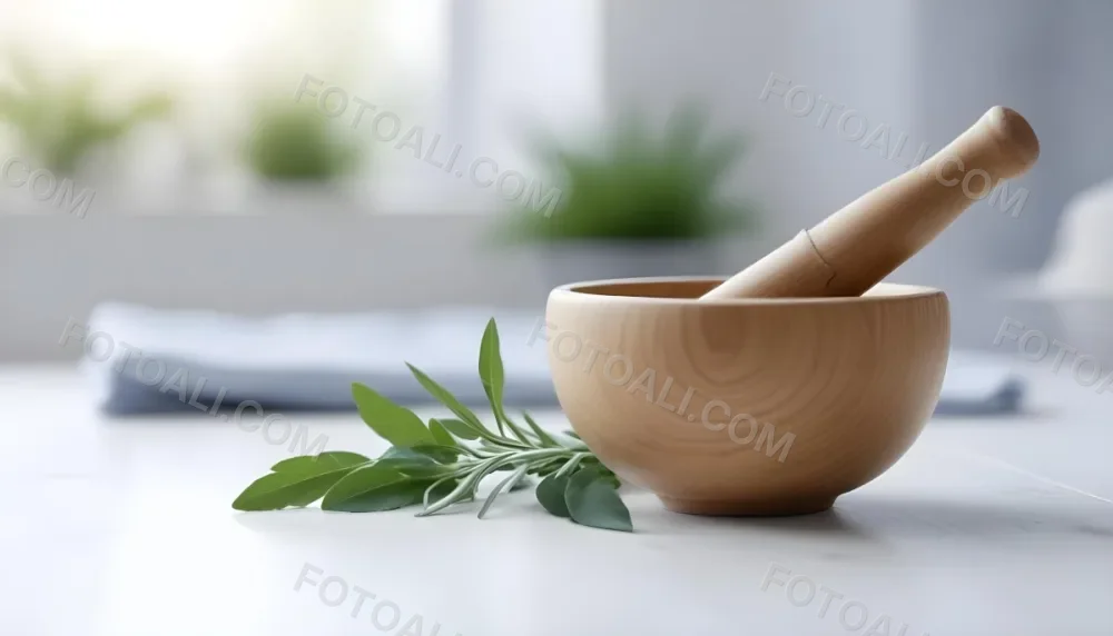 A Wooden Bowl With Fresh Green Herbs Possibly Sage On A Light Background With Blurred Greenery In The Background 13 Ce02