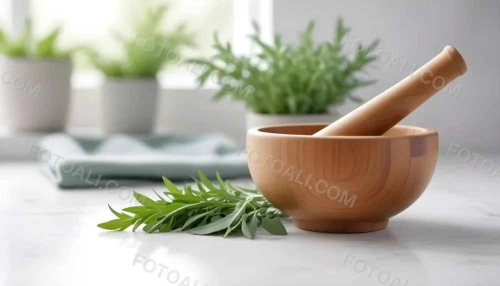 A Wooden Bowl With Fresh Green Herbs Possibly Sage On A Light Background With Blurred Greenery In The Background 16 A467