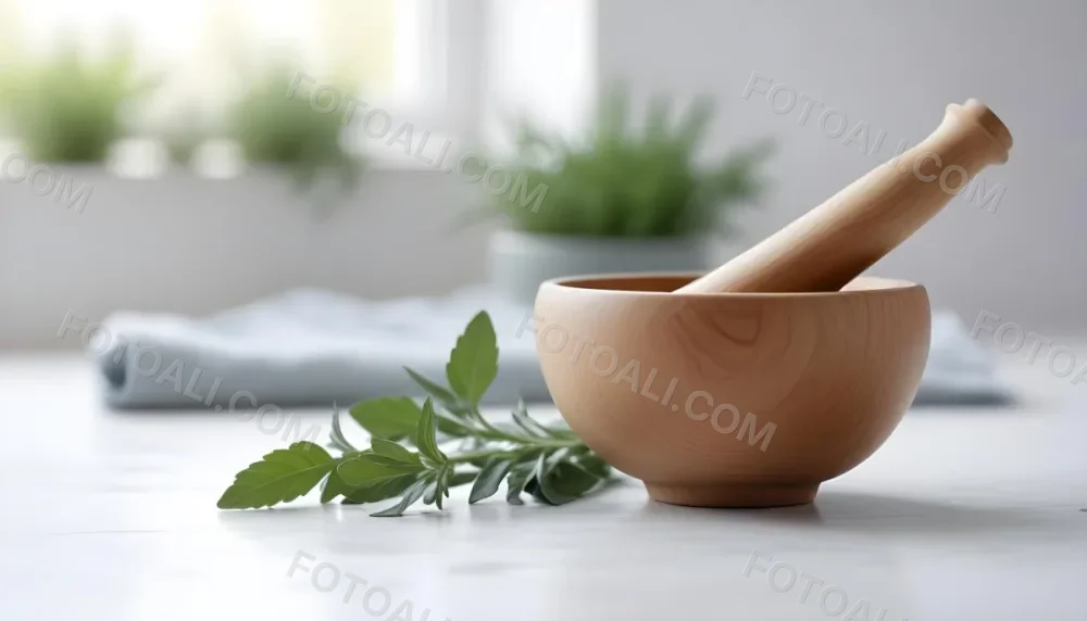 A Wooden Bowl With Fresh Green Herbs Possibly Sage On A Light Background With Blurred Greenery In The Background 17 2549
