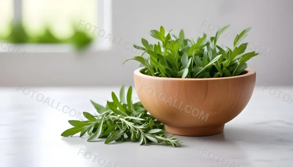 A Wooden Bowl With Fresh Green Herbs Possibly Sage On A Light Background With Blurred Greenery In The Background 18 3a62