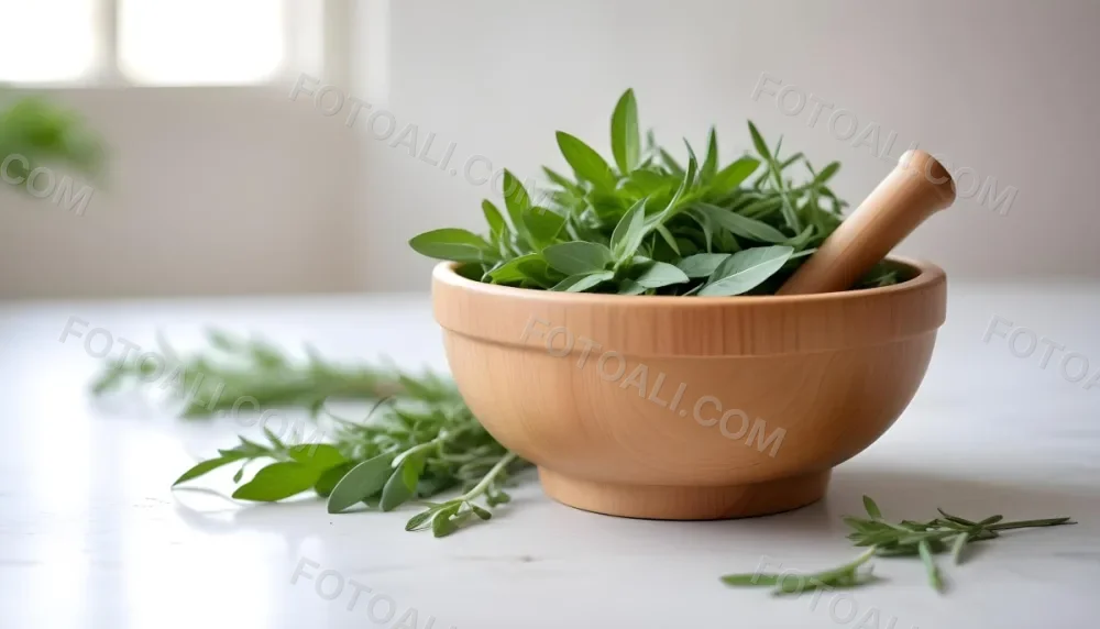 A Wooden Bowl With Fresh Green Herbs Possibly Sage On A Light Background With Blurred Greenery In The Background 20 999e