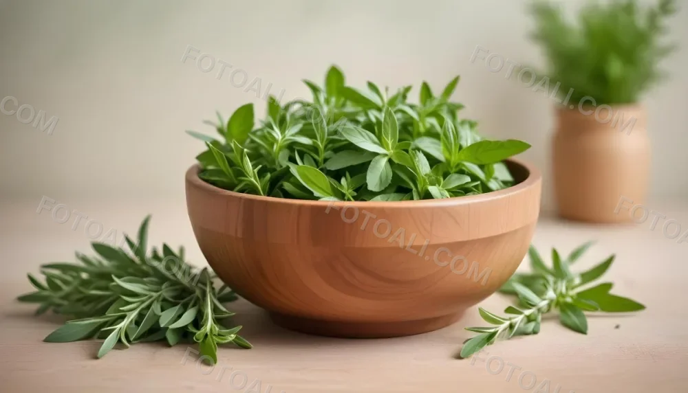 A Wooden Bowl With Fresh Green Herbs Possibly Sage On A Light Background With Blurred Greenery In The Background 23 0f09