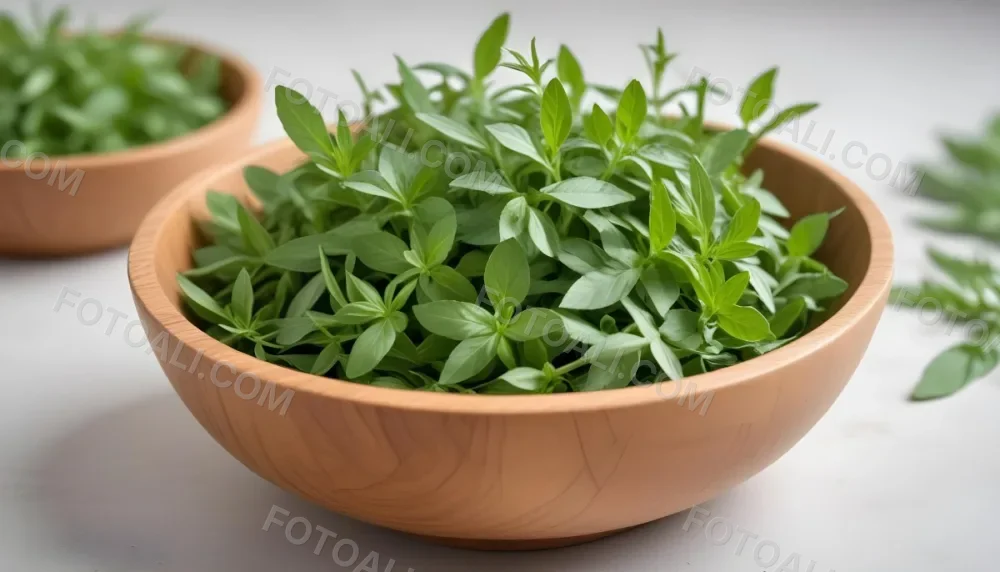 A Wooden Bowl With Fresh Green Herbs Possibly Sage On A Light Background With Blurred Greenery In The Background 3 36f0