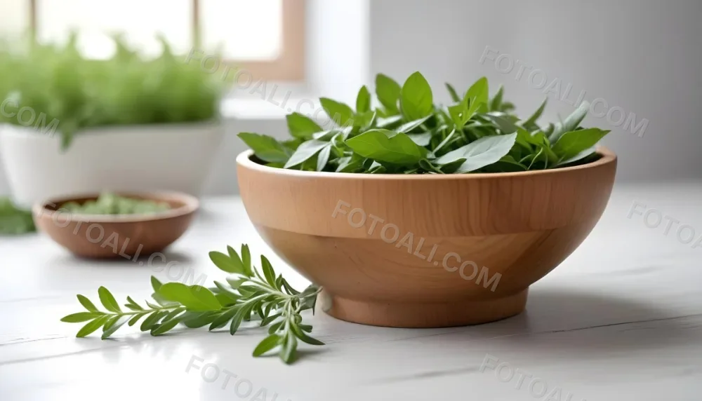 A Wooden Bowl With Fresh Green Herbs Possibly Sage On A Light Background With Blurred Greenery In The Background 5 Dc9a