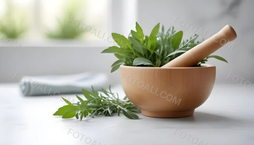 A Wooden Bowl With Fresh Green Herbs Possibly Sage On A Light Background With Blurred Greenery In The Background 6 F3ef