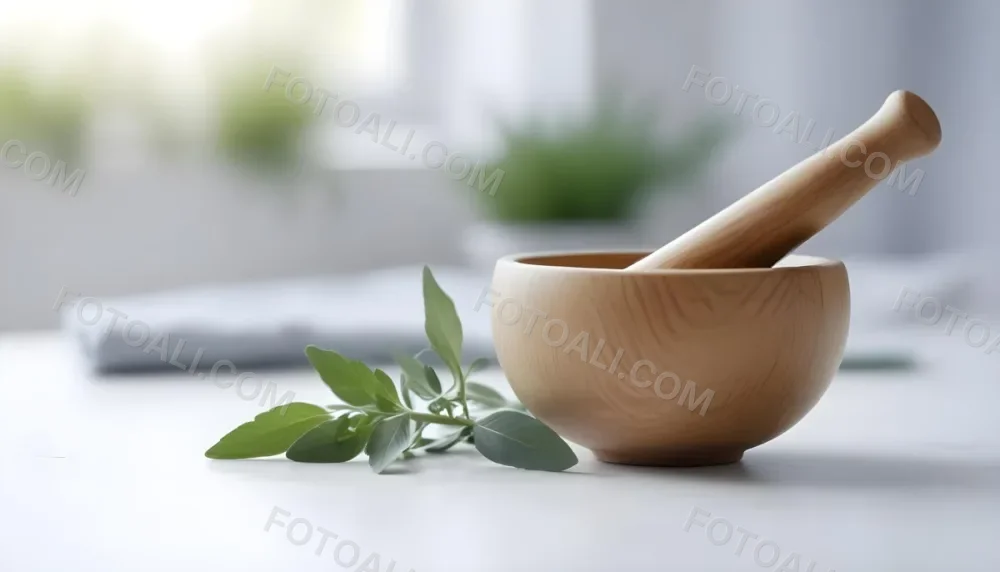 A Wooden Bowl With Fresh Green Herbs Possibly Sage On A Light Background With Blurred Greenery In The Background 7 Fb8c