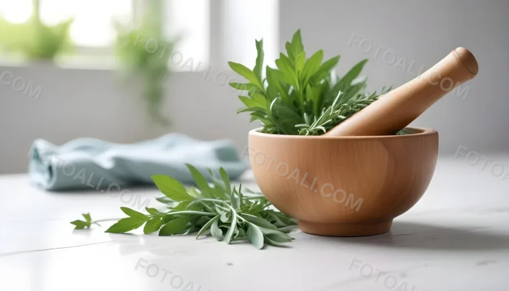 A Wooden Bowl With Fresh Green Herbs Possibly Sage On A Light Background With Blurred Greenery In The Background 9 A24f
