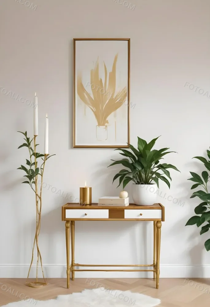 A Wooden Console Table With Two Drawers A White Candle And A Plant In A Golden Pot Against A White Wall 1 0ad1