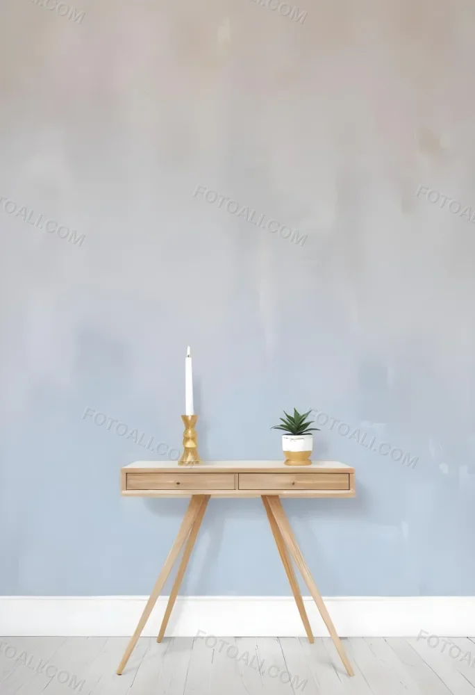 A Wooden Console Table With Two Drawers A White Candle And A Plant In A Golden Pot Against A White Wall 12 3f1f