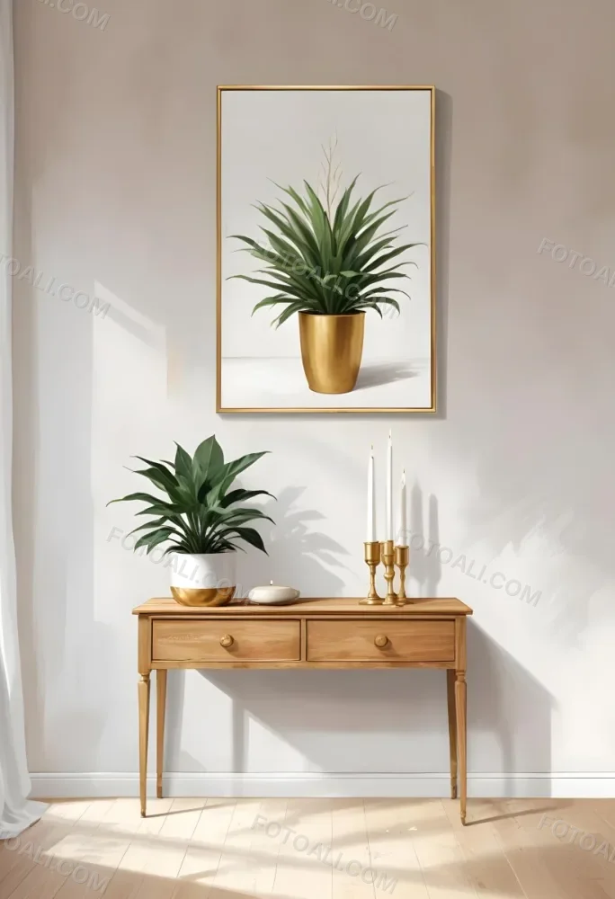 A Wooden Console Table With Two Drawers A White Candle And A Plant In A Golden Pot Against A White Wall 15 5f7d
