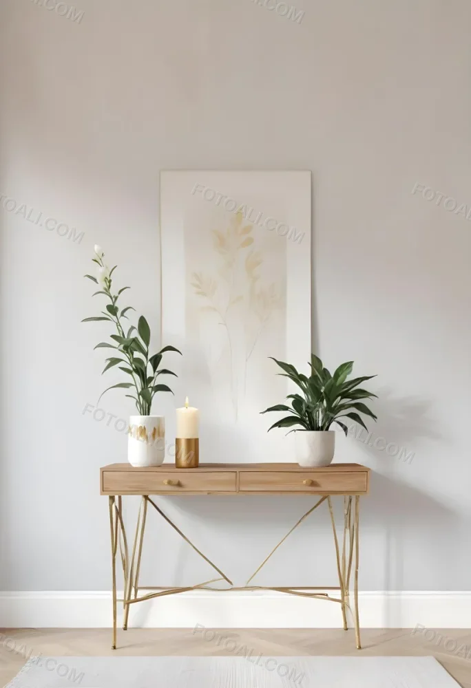 A Wooden Console Table With Two Drawers A White Candle And A Plant In A Golden Pot Against A White Wall 16 D063