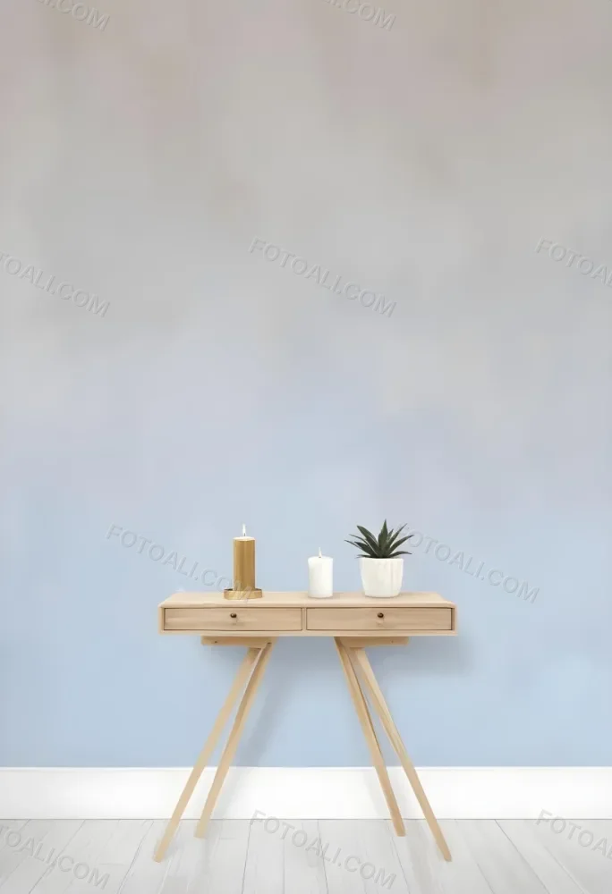 A Wooden Console Table With Two Drawers A White Candle And A Plant In A Golden Pot Against A White Wall 19 8dfd