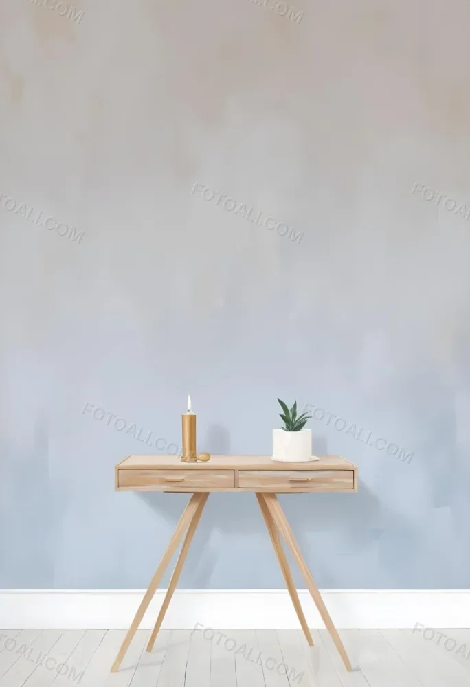 A Wooden Console Table With Two Drawers A White Candle And A Plant In A Golden Pot Against A White Wall 2 0377