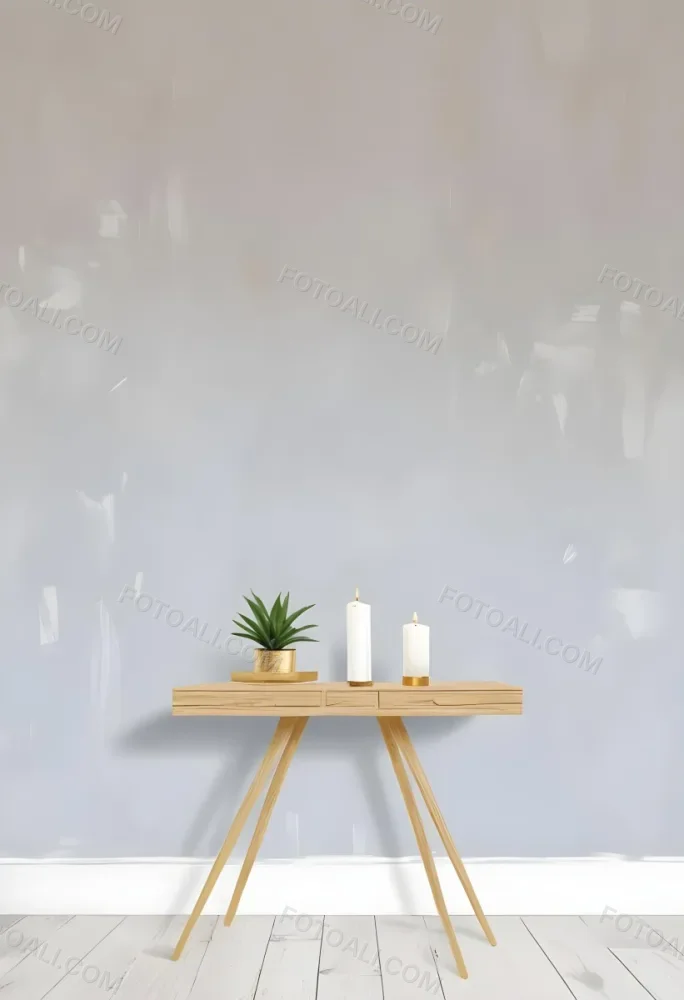 A Wooden Console Table With Two Drawers A White Candle And A Plant In A Golden Pot Against A White Wall 20 Ac03