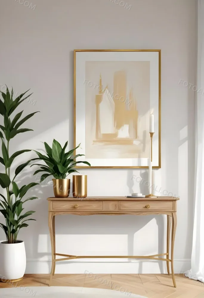 A Wooden Console Table With Two Drawers A White Candle And A Plant In A Golden Pot Against A White Wall 21 B3ce