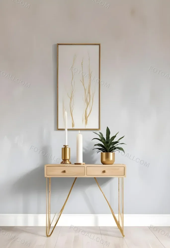 A Wooden Console Table With Two Drawers A White Candle And A Plant In A Golden Pot Against A White Wall 23 C7b1